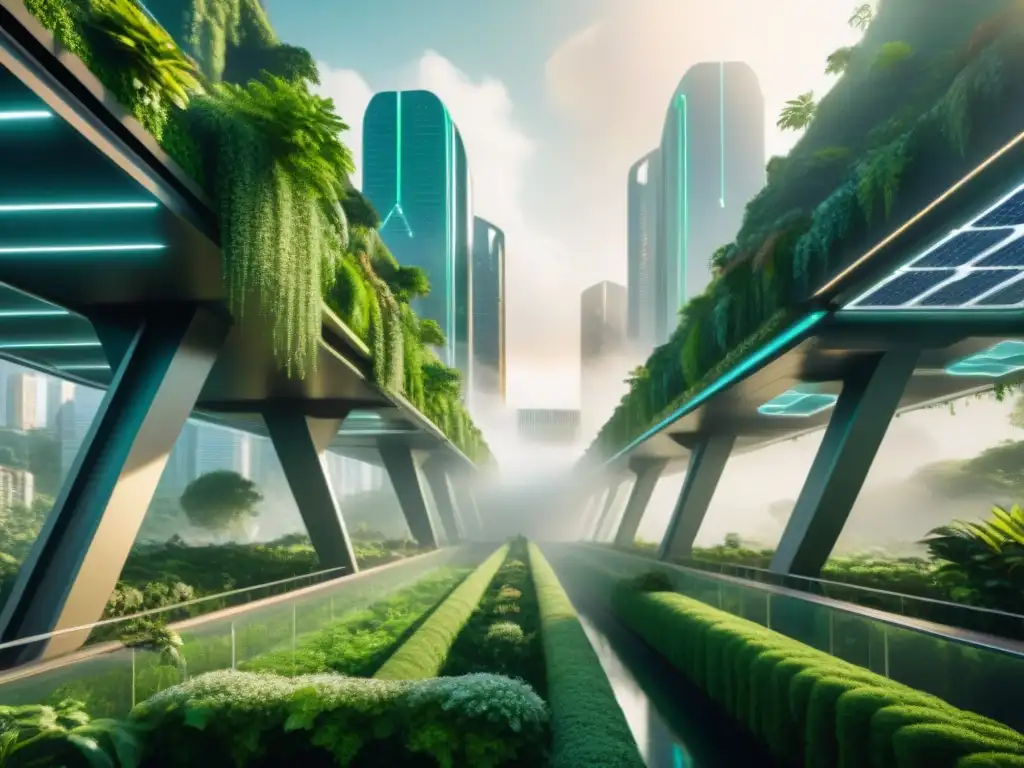 Una ciudad futurista ecoamigable abrazada por exuberante vegetación, fusionando tecnología avanzada y naturaleza