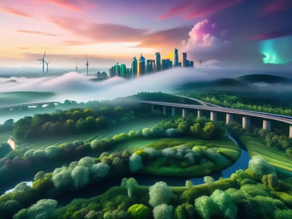 Una ciudad futurista ecofriendly se fusiona con la naturaleza en perfecta armonía, reflejando conciencia ecológica en ciencia ficción