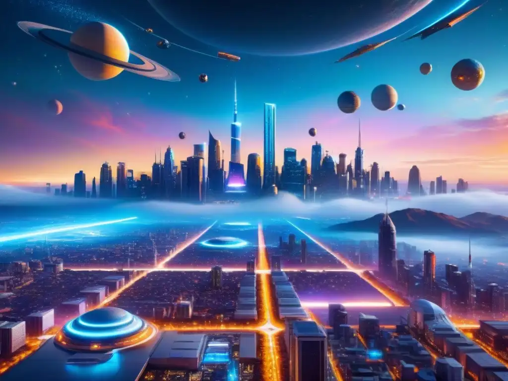 Una ciudad futurista en el espacio, con tecnología avanzada y luces neón