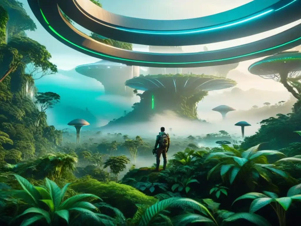 Una ciudad futurista se fusiona armoniosamente con una exuberante selva alienígena, iluminada por plantas bioluminiscentes