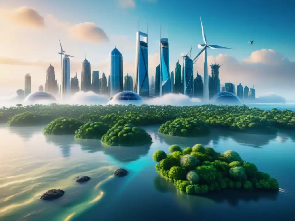 Una ciudad futurista impactada por el cambio climático, con rascacielos sumergidos y tecnología verde