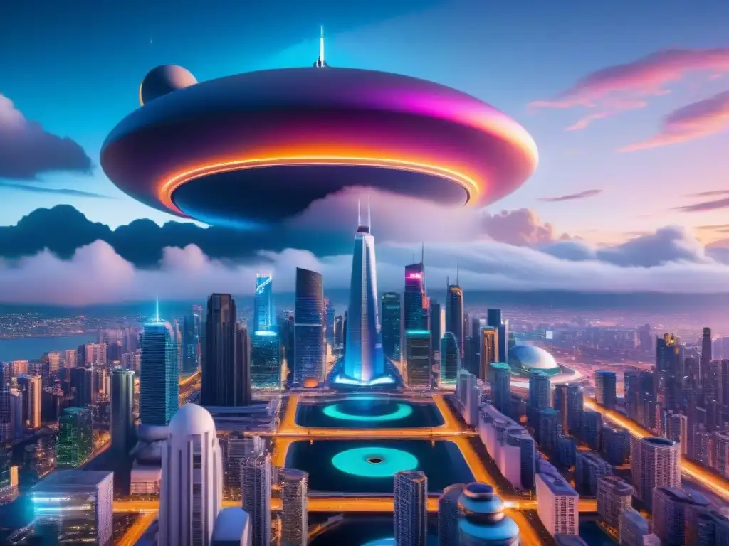 Una ciudad futurista de ciencia ficción con impacto visual y arte, donde rascacielos metálicos brillan bajo un cielo estrellado