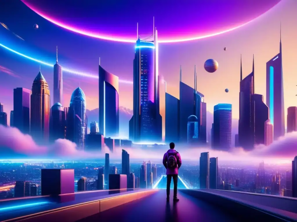 Una ciudad futurista con impacto visual en arte de ciencia ficción: rascacielos relucientes, luces neón y coches voladores al atardecer