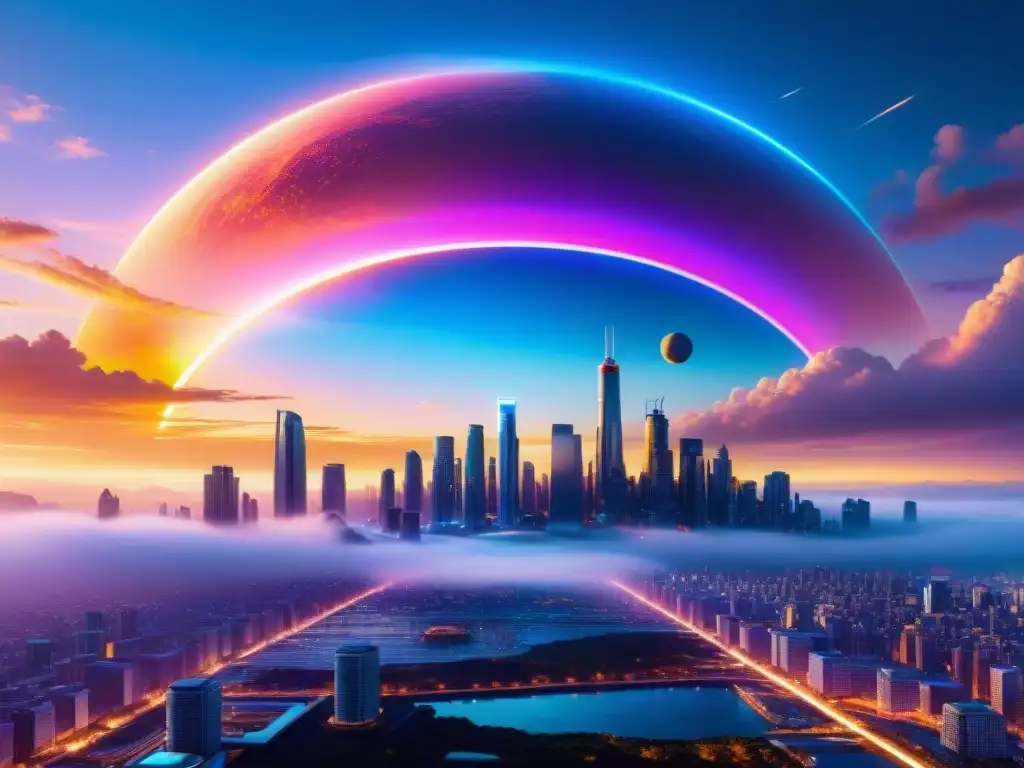 Una ciudad futurista inspirada en la influencia de la ciencia ficción de Asimov, con rascacielos metálicos, luces neón y vehículos voladores