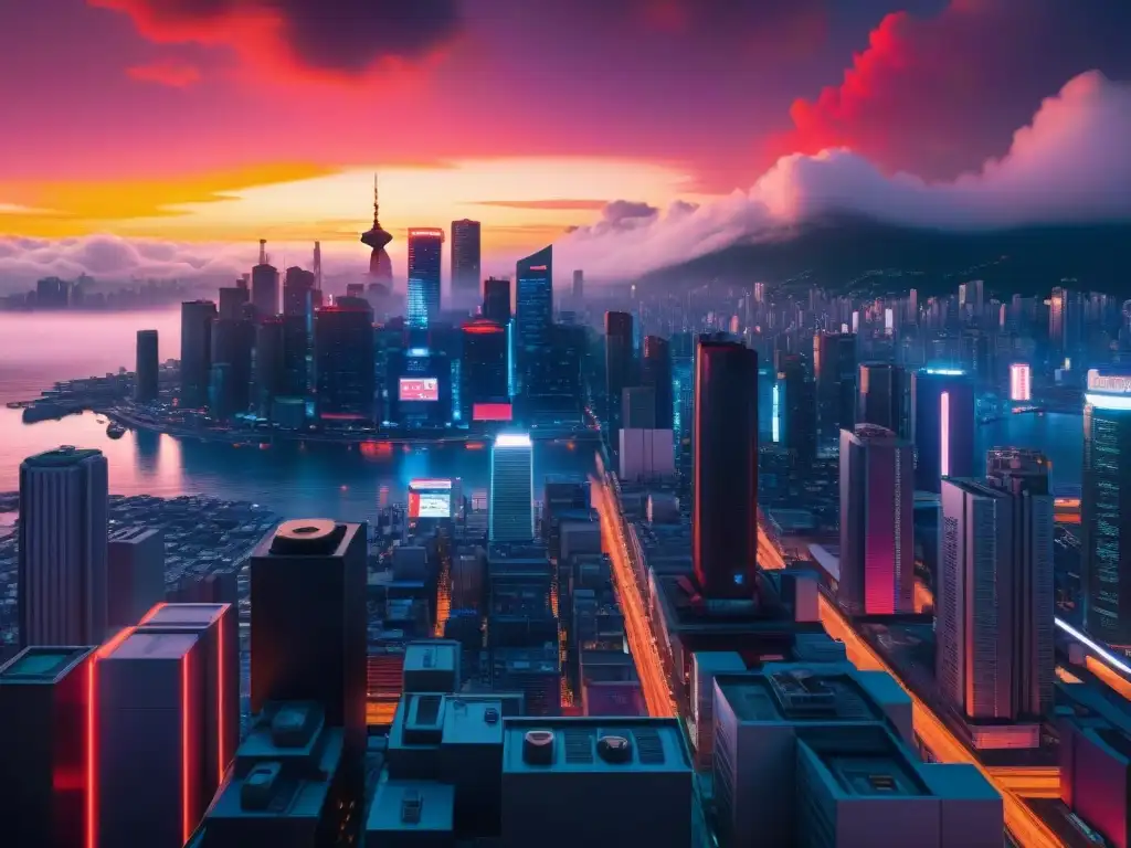 Cityscape futurista inspirado en Akira: neón, hovercars y atardecer carmesí Una ciudad futurista inspirada en el legado Akira del anime de ciencia ficción, con rascacielos, neones y hovercars