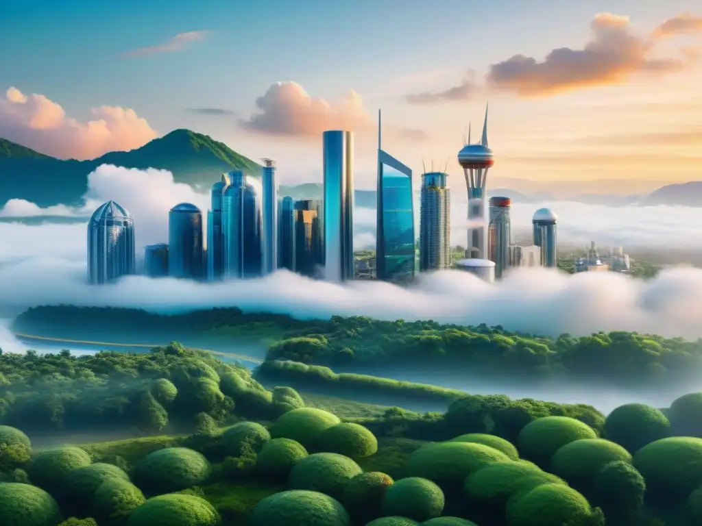 Una ciudad futurista en armonía con la naturaleza, ciencia ficción y cambio climático