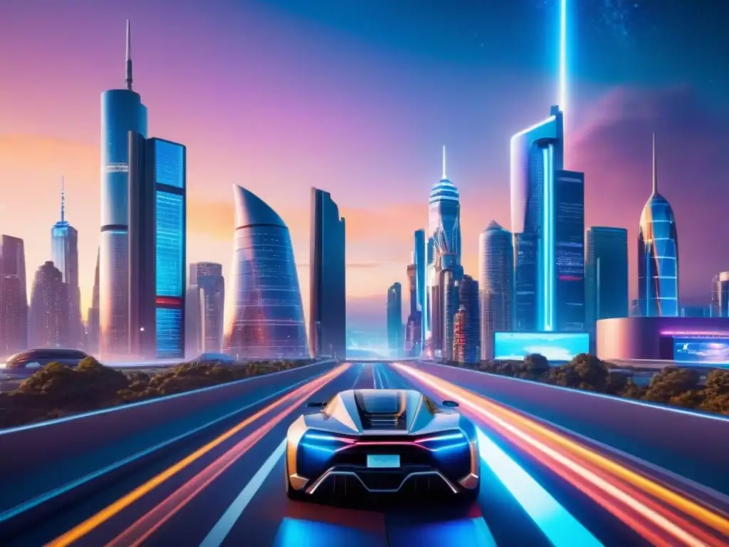 Metrópolis futurista: luces, hologramas y galaxias Una ciudad futurista nocturna, con rascacielos, autos voladores y anuncios holográficos, en armonía con la galaxia estrellada