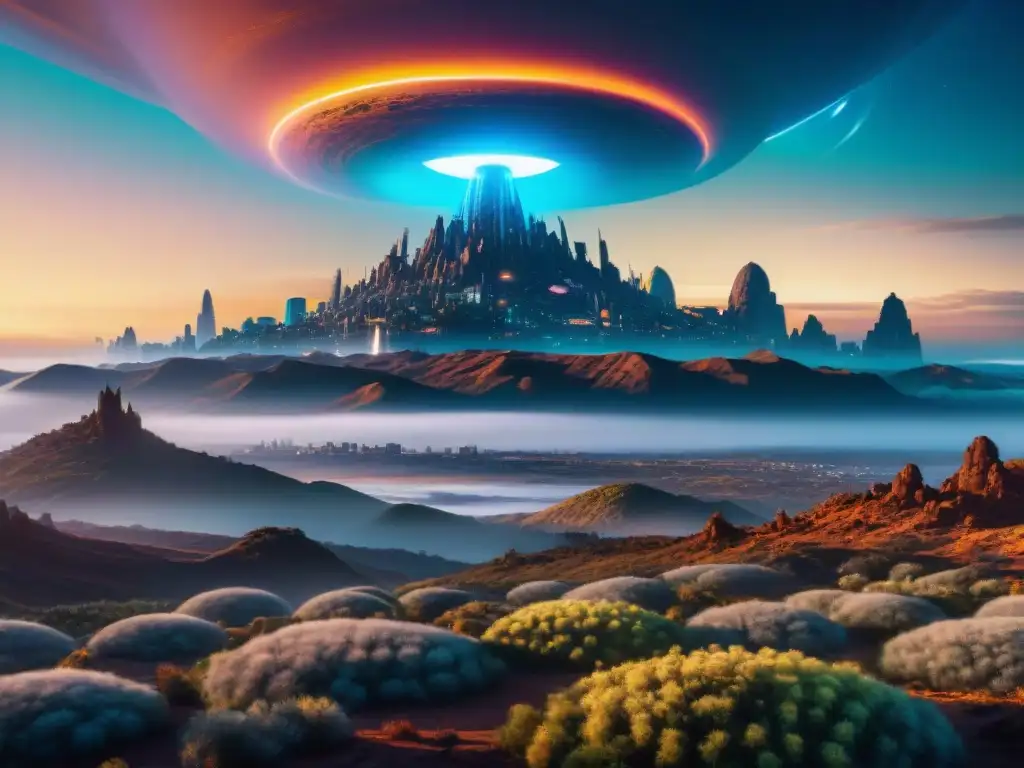 Una ciudad futurista en un planeta alienígena, con naves y vegetación bioluminiscente