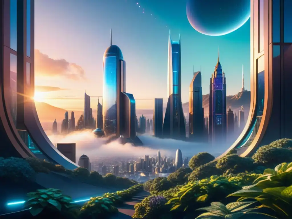 Una ciudad futurista en un planeta distante, con rascacielos, naves espaciales y anuncios holográficos