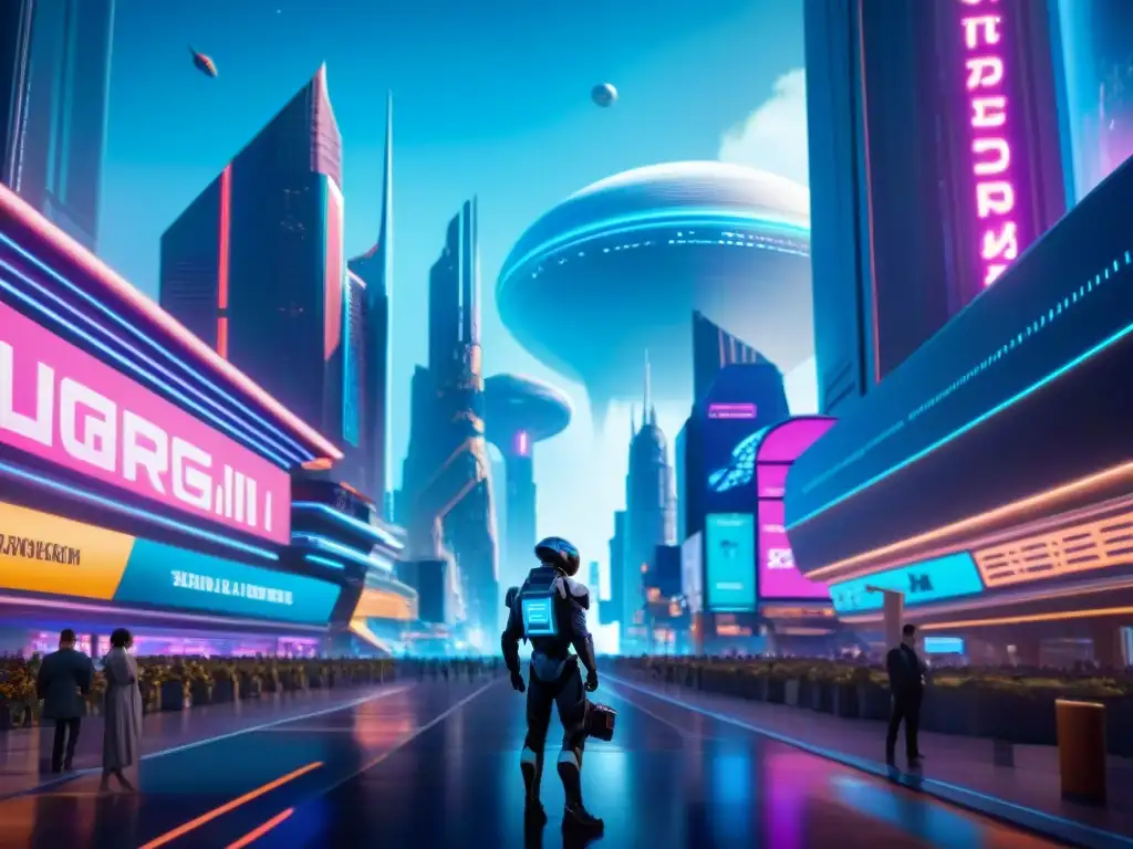 Una ciudad futurista en un planeta distante, con rascacielos, hologramas, naves espaciales y criaturas alienígenas