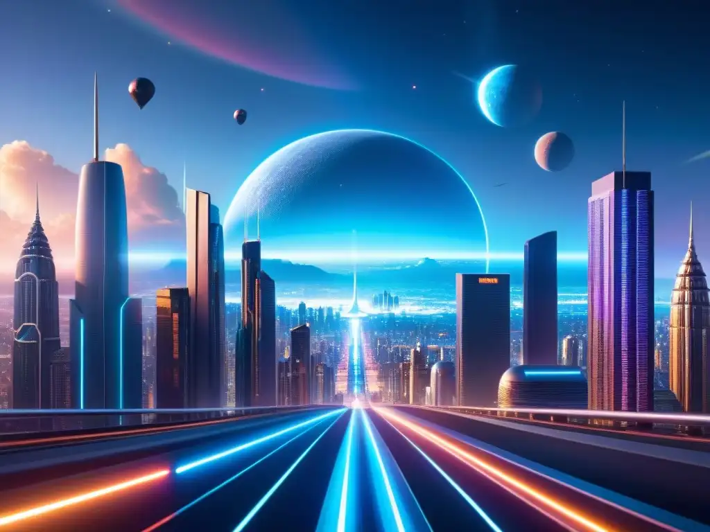 Una ciudad futurista en un planeta distante con hologramas, autos voladores y luces neón, creando un paisaje inmersivo