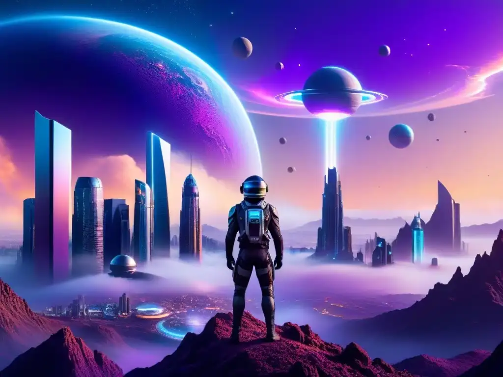 Metrópolis futurista en planeta distante Una ciudad futurista en un planeta distante con tecnologías futuristas ciencia ficción plausibilidad, humanoides y aliens