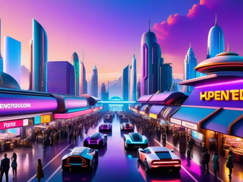 Metrópolis futurista: ciencia ficción y tecnología en un mercado alienígena Una ciudad futurista con rascacielos, autos voladores y luces de neón, mercado alienígena y holograma de historias alternativas