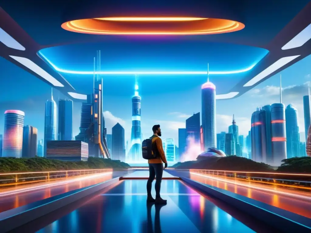 Una ciudad futurista con rascacielos interconectados por puentes de energía, rodeada de una avanzada central de fusión y tecnología