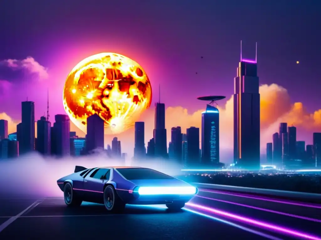 Una ciudad retrofuturista con autos voladores, rascacielos y luces neón, en un cielo púrpura con naves espaciales y una luna brillante