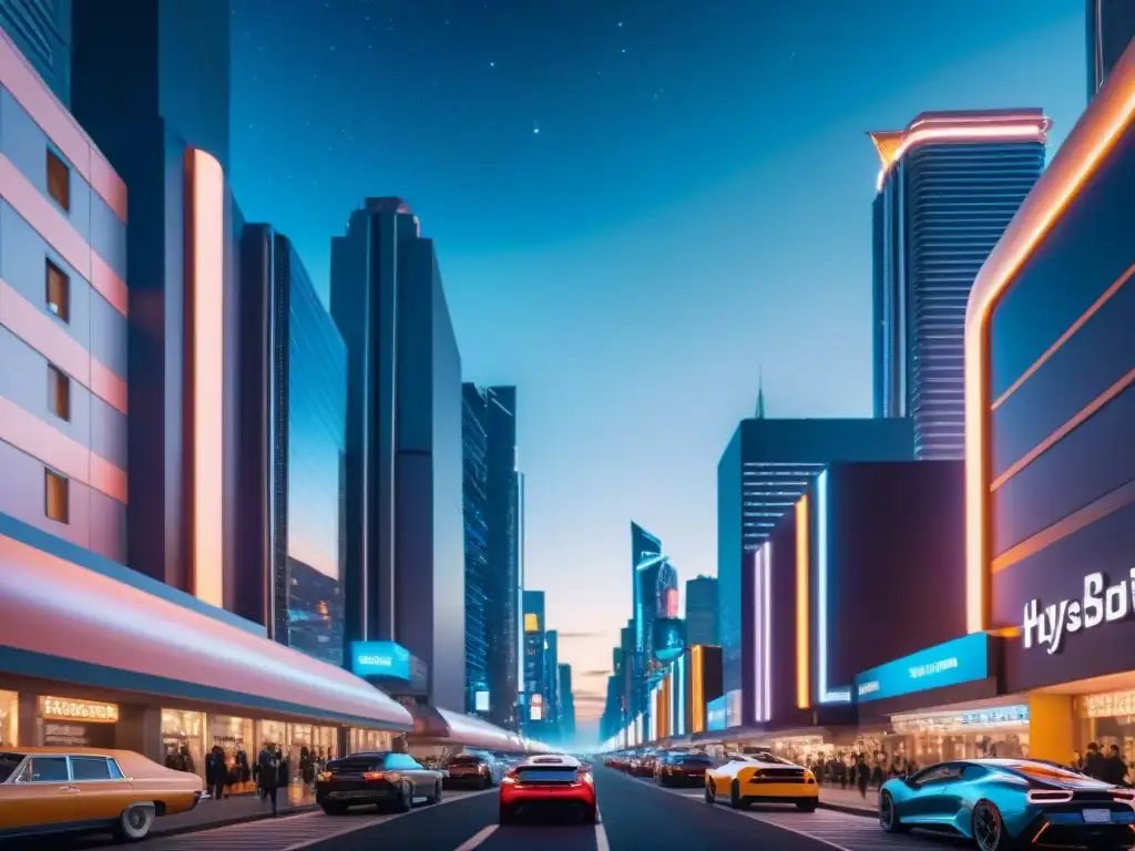 Una ciudad retrofuturista detallada en 8k, con edificios metálicos y luces de neón, autos voladores y tecnología futurista, bajo un cielo estrellado