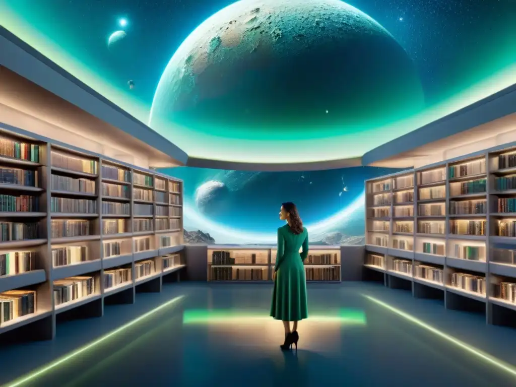 Club de lectura ciencia ficción: Biblioteca espacial futurista en asteroide con libros holográficos y vista a galaxia