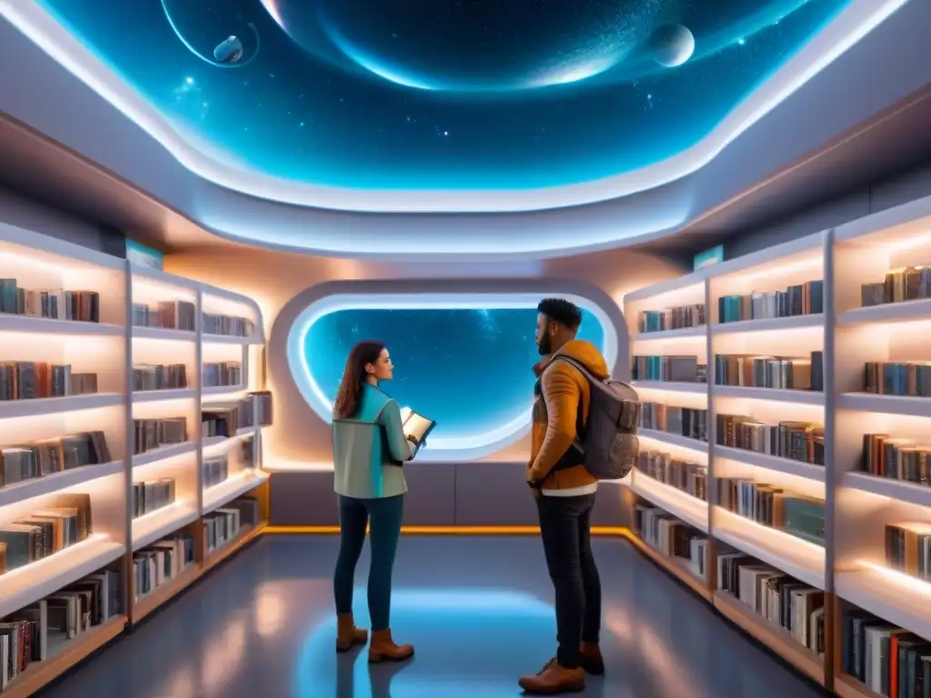 Club de lectura ciencia ficción en una estación espacial futurista con libros brillantes y personas diversas disfrutando de la lectura