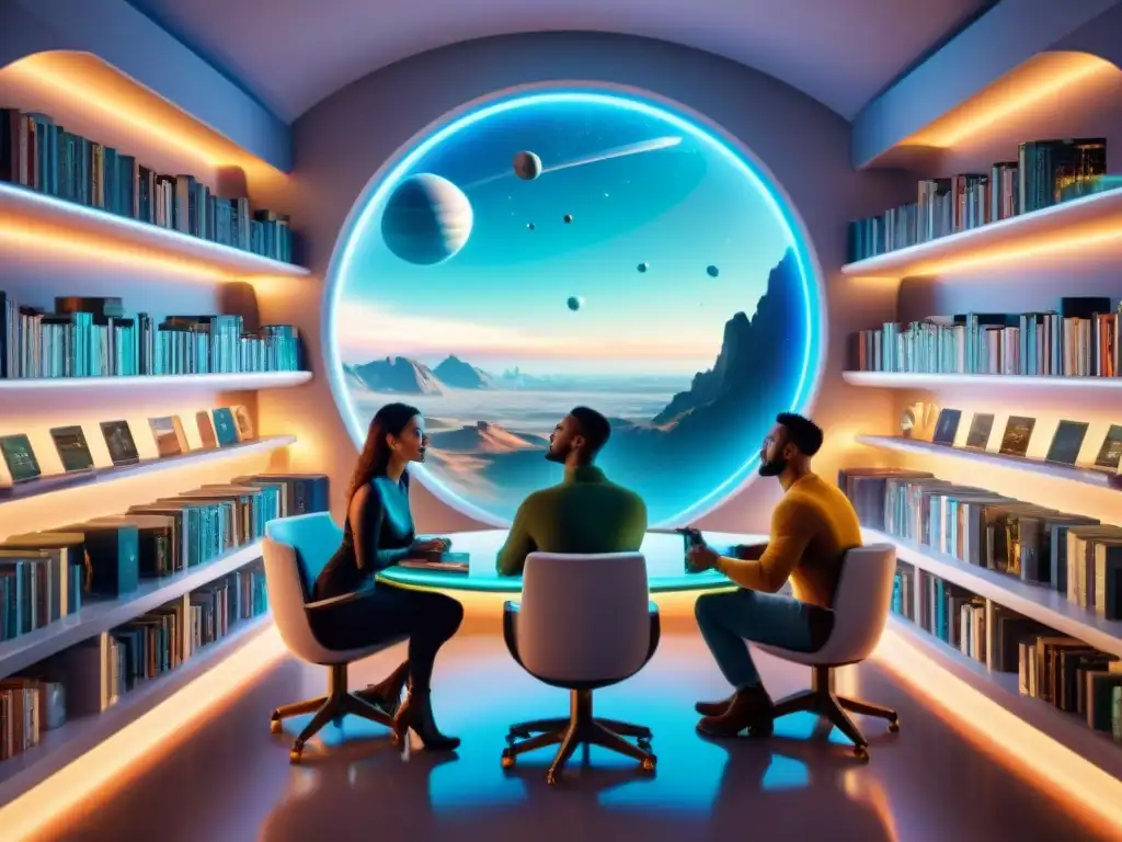 Un club de lectura de ciencia ficción en una nave espacial, con miembros diversos discutiendo animadamente rodeados de libros y hologramas alienígenas