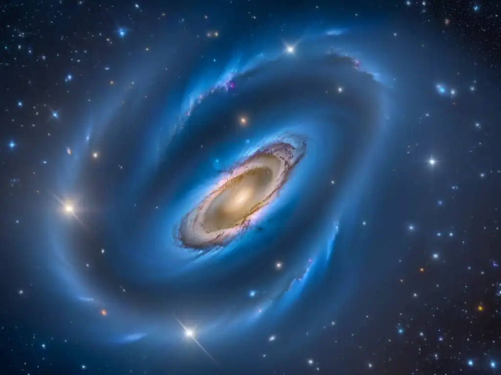 Cluster de galaxias revelando el efecto de lente gravitacional por Materia Oscura en Sistemas Estelares