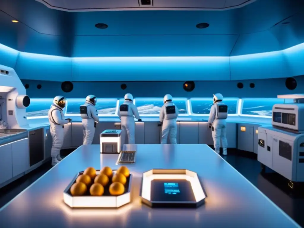 Cocina espacial futurista con astronautas y comida flotante