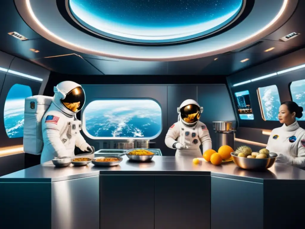 Una cocina espacial futurista con astronautas preparando comida de alta tecnología, utensilios flotantes y la Tierra de fondo