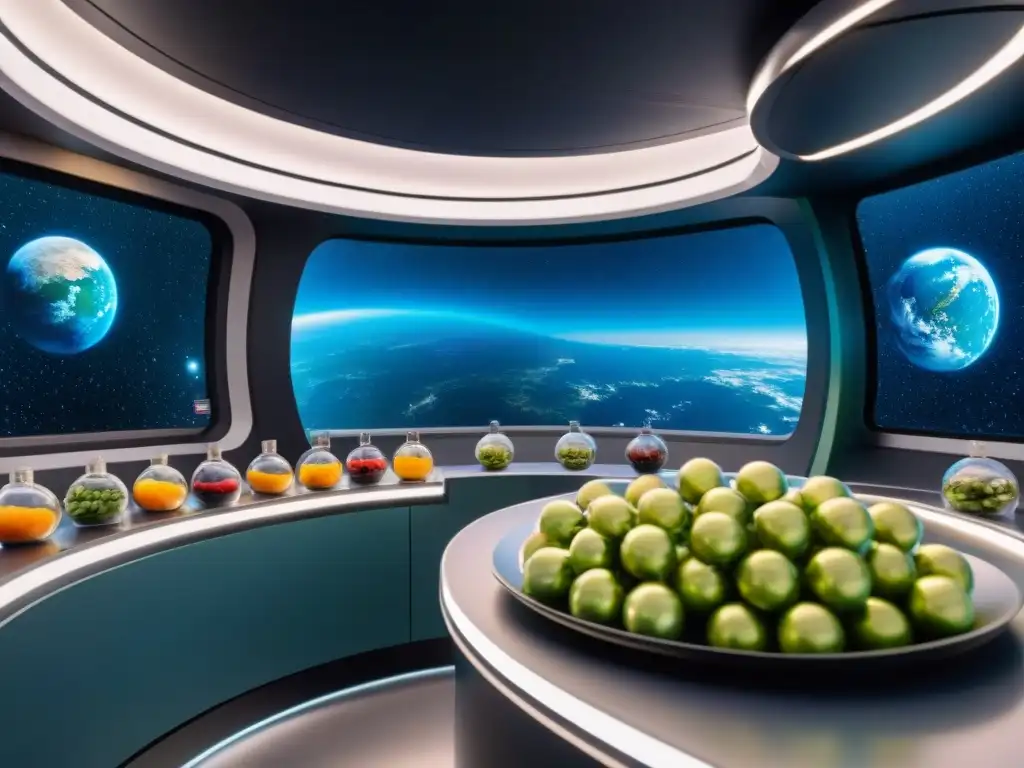 Cocina espacial futurista con entrenamiento nutricional para misiones espaciales