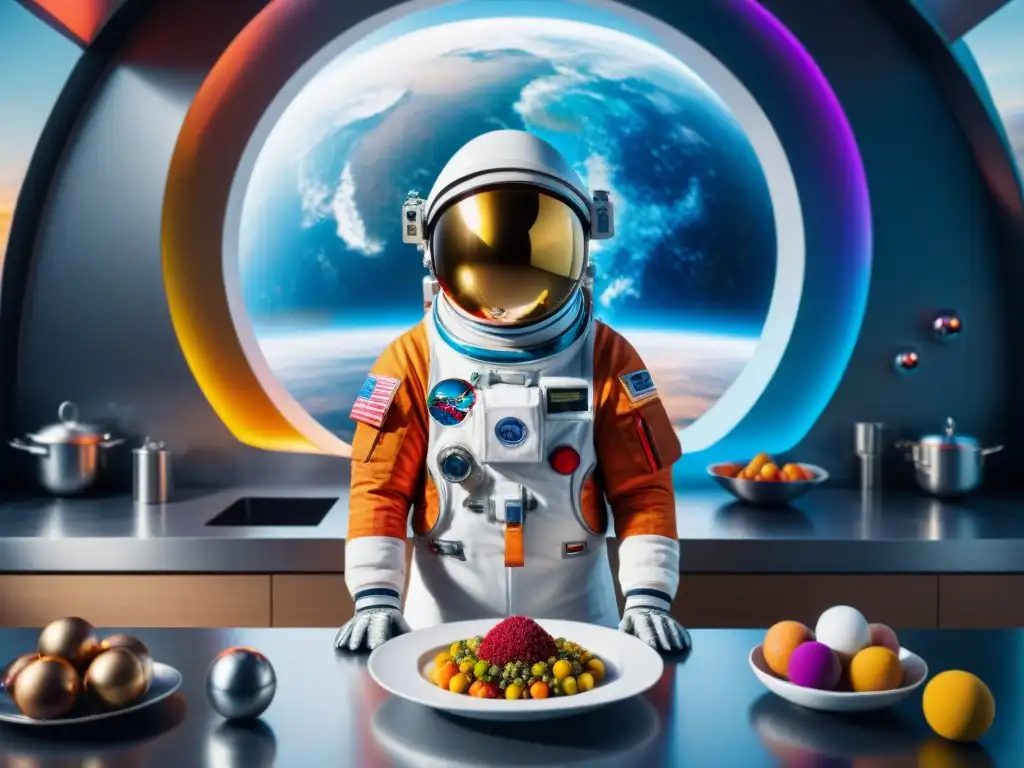 Cocina espacial en microgravedad: Astronauta preparando innovadora receta rodeado de ingredientes flotantes y vista de la Tierra desde la ventana