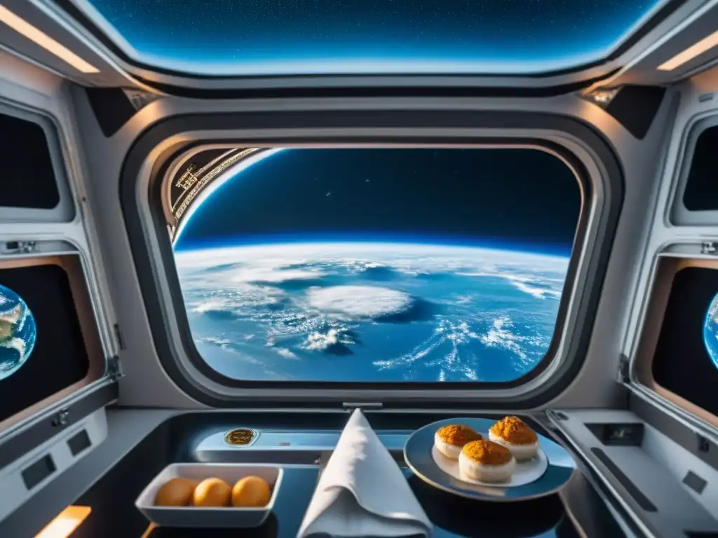 Cocina futurista en una estación espacial: astronautas preparan alimentos en gravedad cero