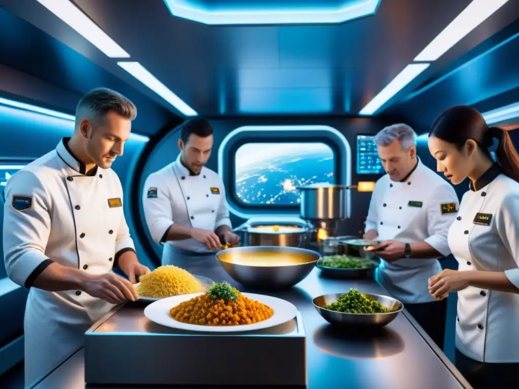 Una cocina futurista en una estación espacial, chefs preparando platos con ingredientes alienígenas