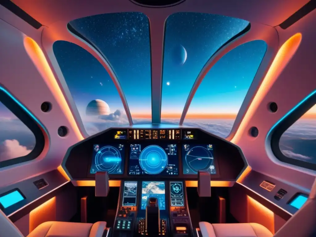 Un cockpit futurista de nave espacial con vista a galaxia realista