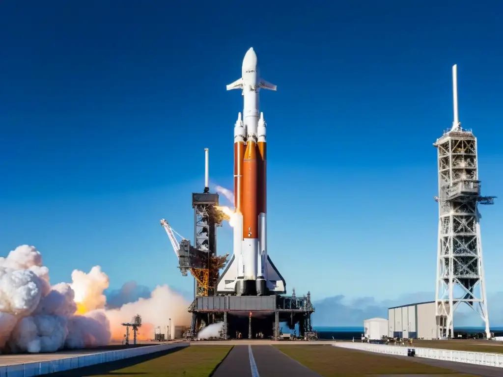 Un cohete Falcon Heavy de SpaceX listo para despegar en el lanzamiento, bajo un cielo azul