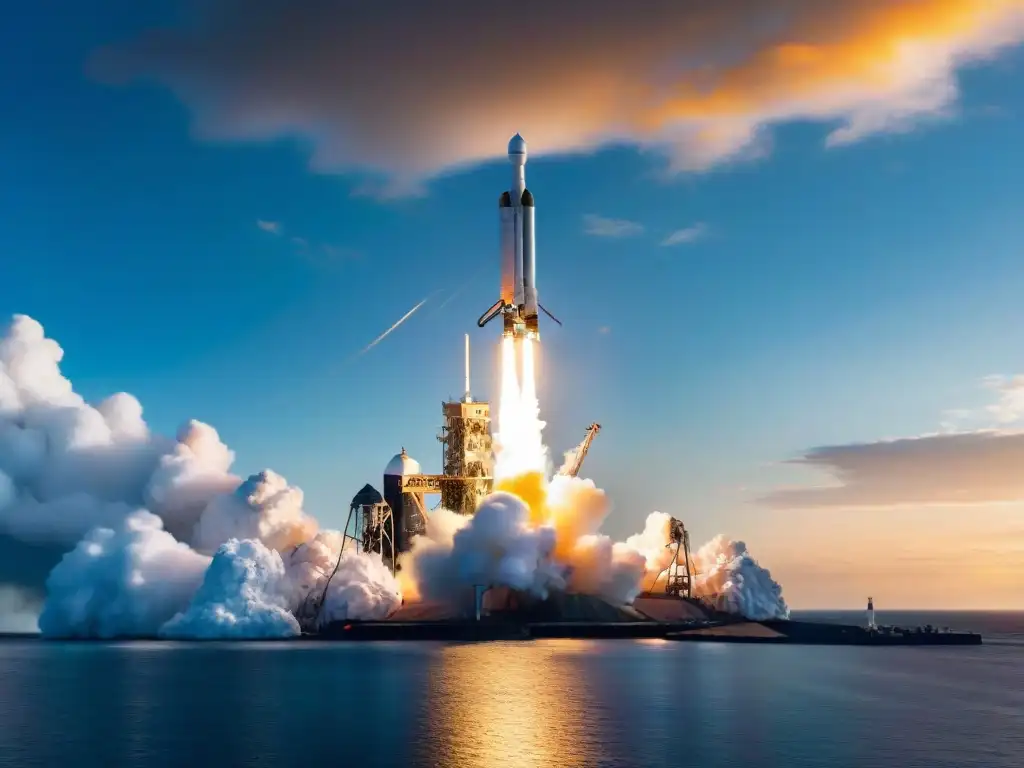 Un cohete Falcon 9 de SpaceX aterrizando con éxito en un barco en alta mar al atardecer