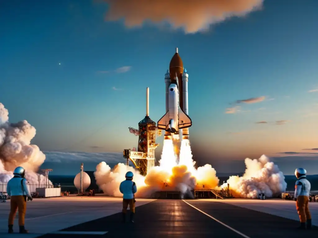 Un cohete masivo en la plataforma de lanzamiento, rodeado de ingenieros en trajes espaciales, listo para despegar hacia el espacio