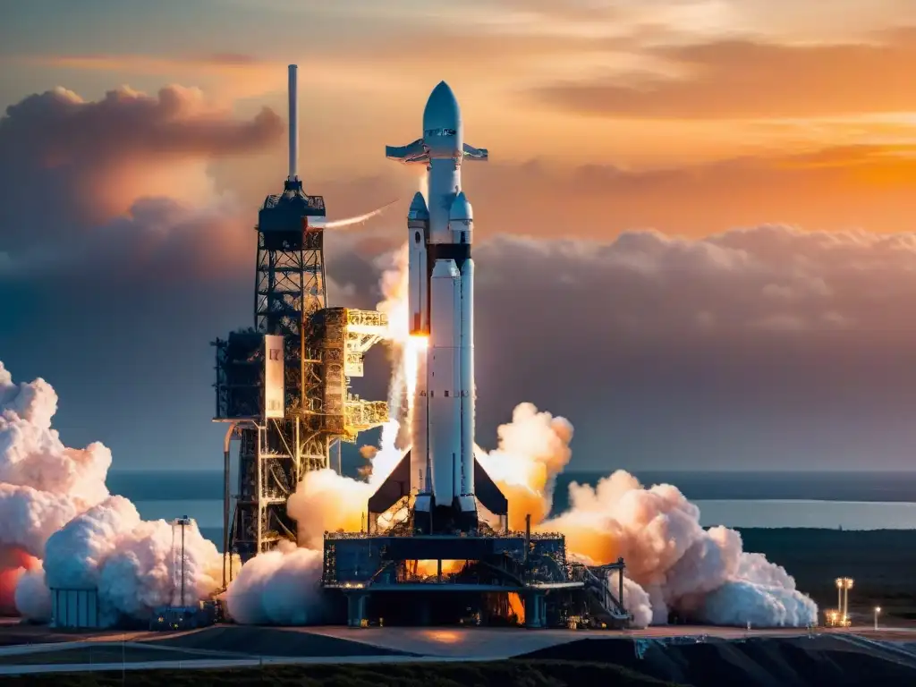 Un cohete SpaceX Falcon Heavy en la plataforma de lanzamiento al atardecer, con ingenieros realizando chequeos finales antes del lanzamiento histórico