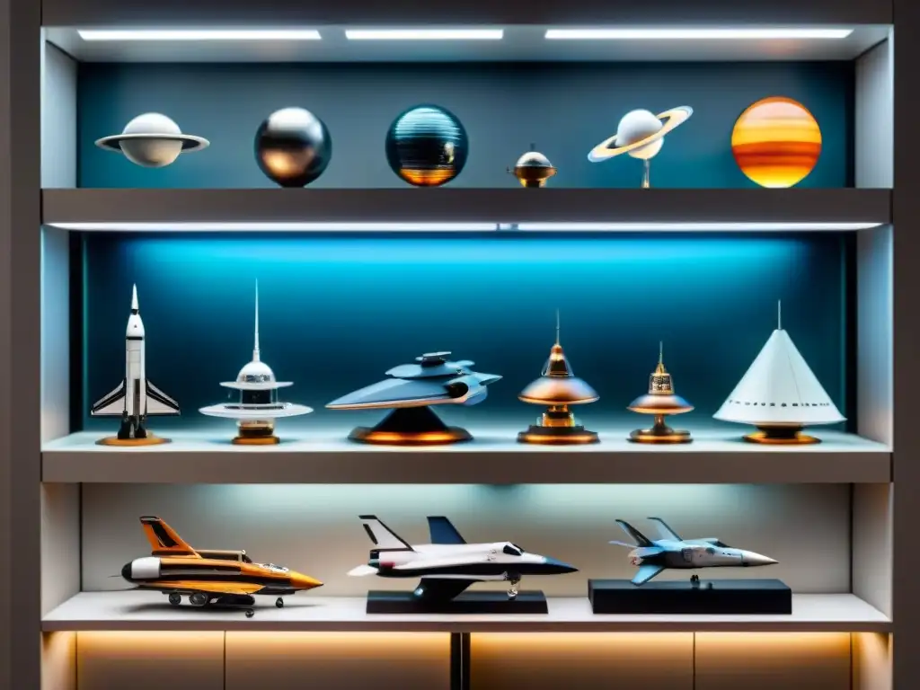 Una colección diversa de modelos de naves espaciales modernas en estantes de vidrio iluminados en una habitación con decoración futurista espacial