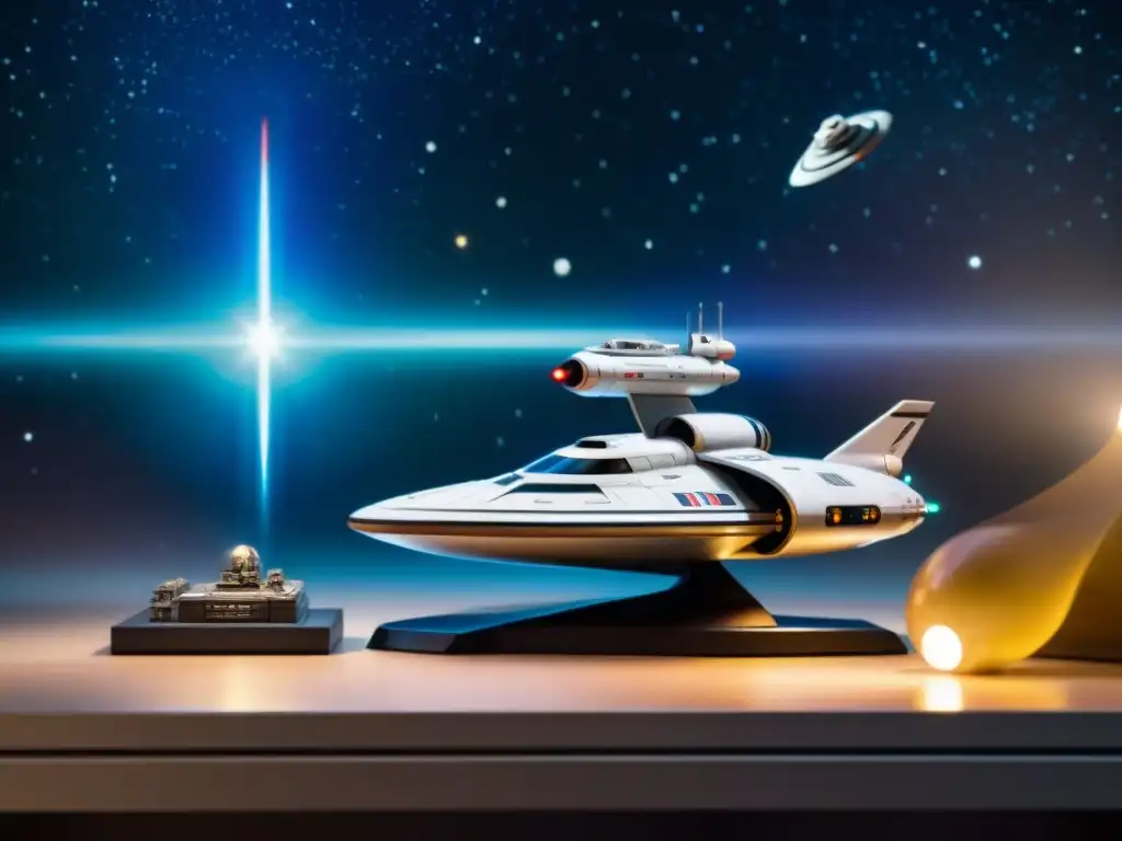 Una colección impresionante de naves espaciales coleccionables de Star Trek y Star Wars en estantes futuristas contra un fondo estrellado