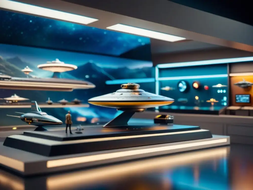 Una colección de naves espaciales coleccionables Star Trek y Star Wars en detalladas miniaturas, exhibidas en estantes futuristas