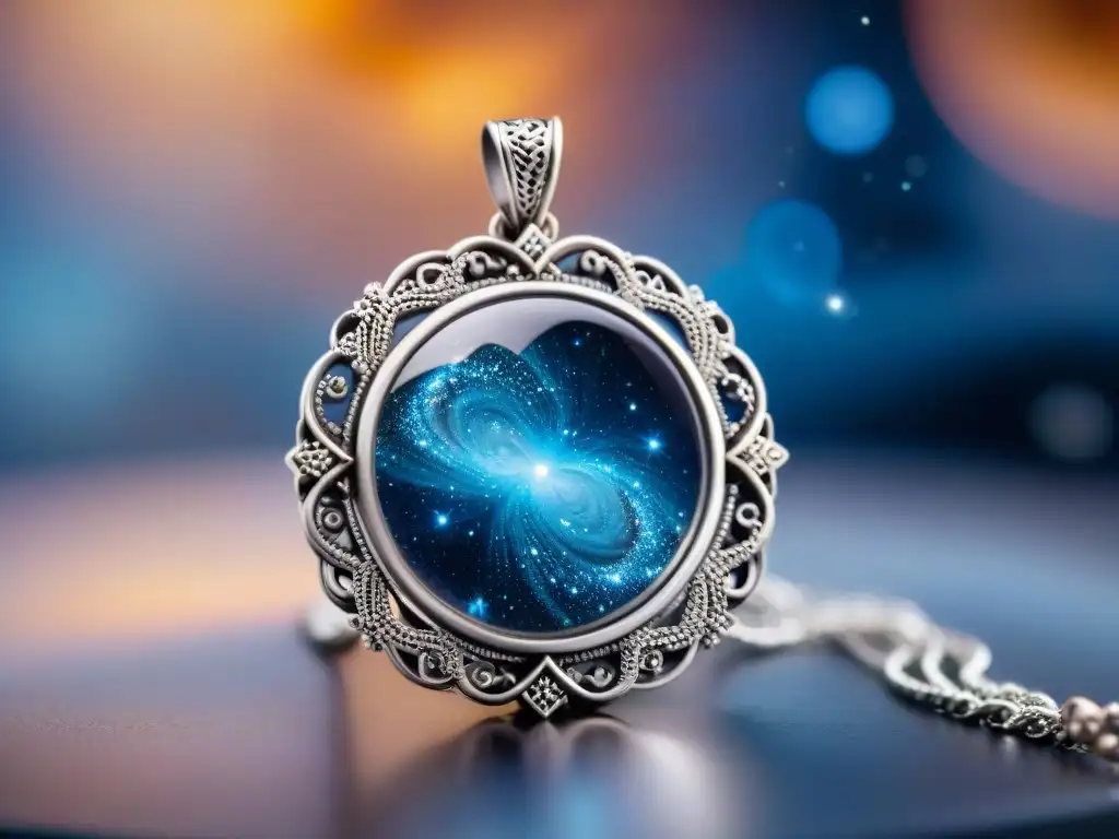 Collar inspirado en el universo con detalles de galaxias y estrellas, piedra azul y filigrana plateada en un fondo espacial