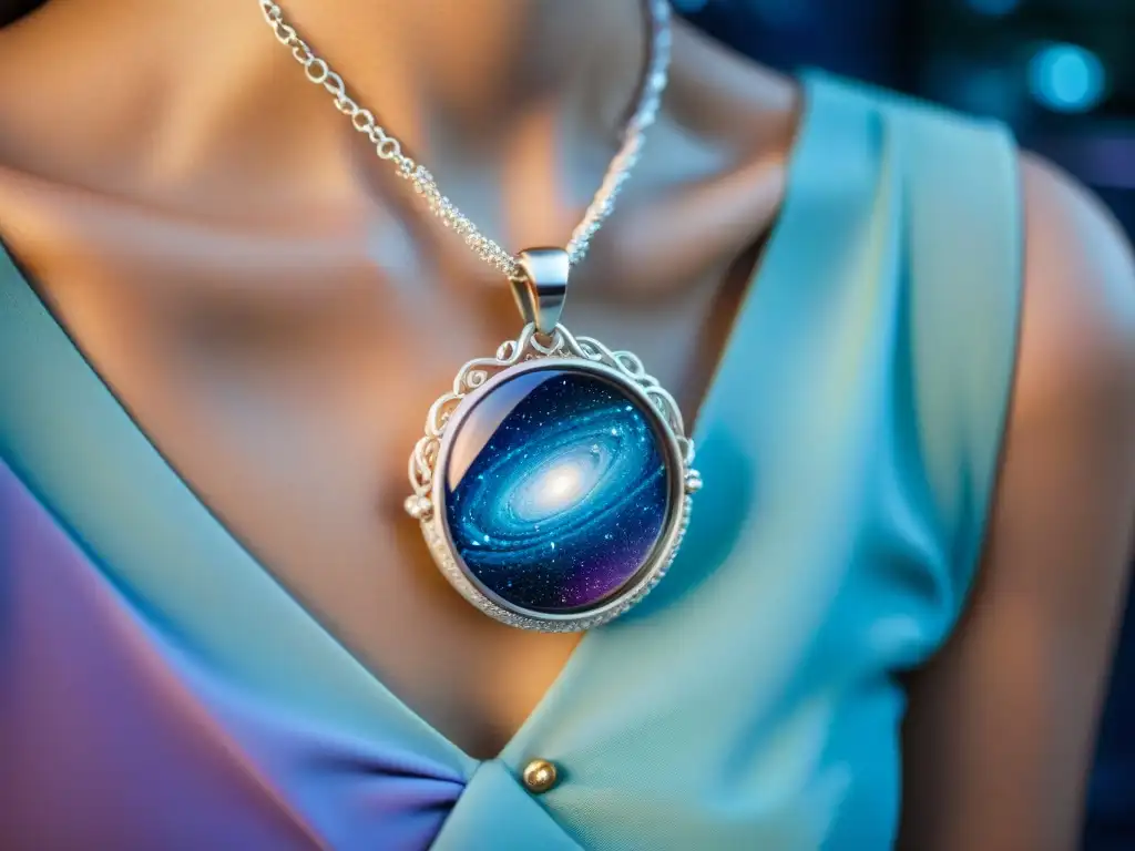 Un collar inspirado en el universo, con gemas brillantes y una opal iridiscente reflejando tonos cósmicos