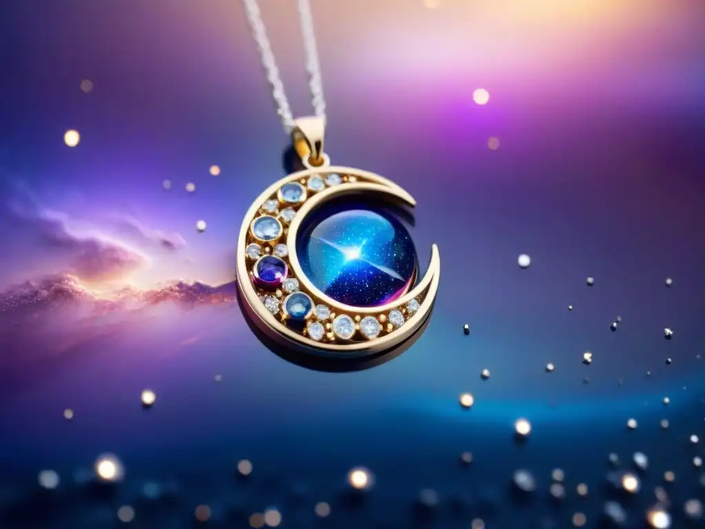 Collar con luna y estrellas brillantes en el universo púrpura y azul