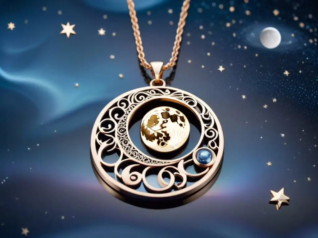 Un collar plateado con fases de la luna detalladas, que conecta con el universo