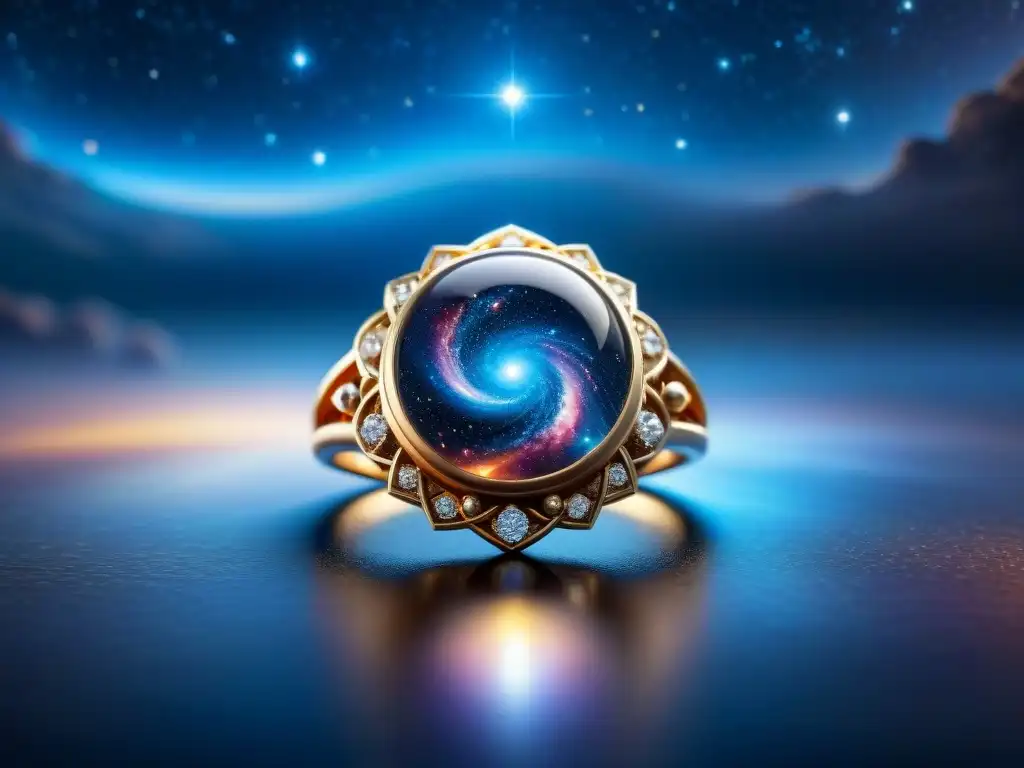 Collares y anillos inspirados en el universo: un anillo intrincado con diseño de galaxia y gemas brillantes como estrellas en el espacio profundo