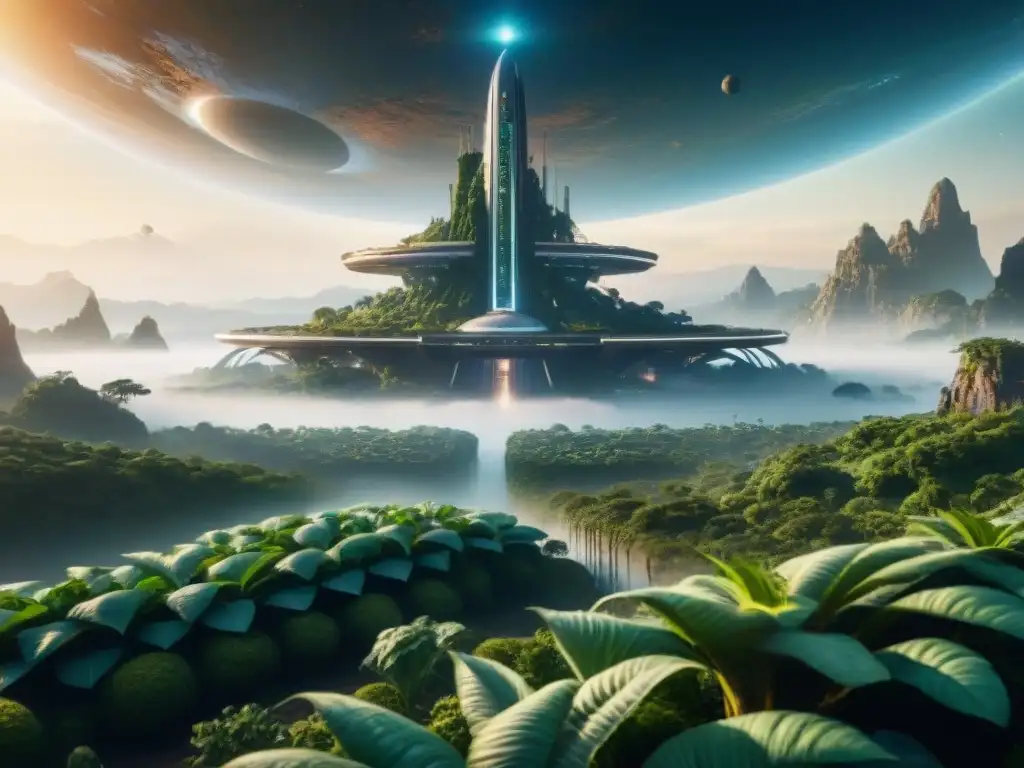 Colonia espacial ética en colonización de nuevos mundos, integrando tecnología y naturaleza en armonía