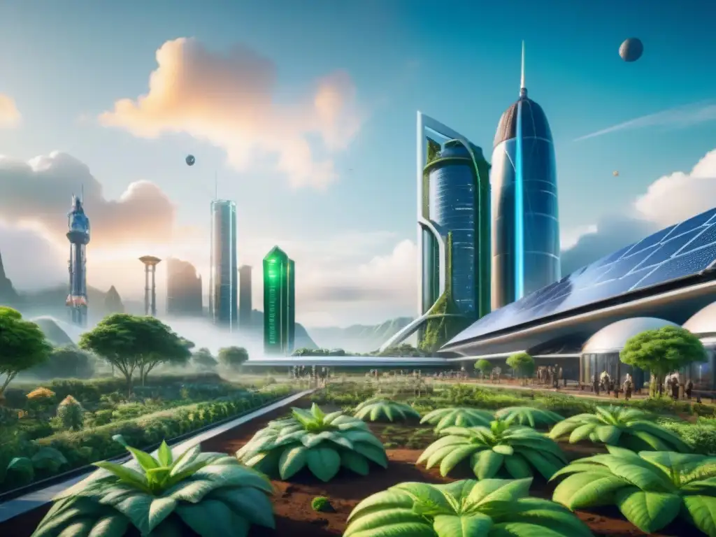 Una colonia espacial futurista con actividad vibrante: rascacielos, paneles solares, naves y personas diversas