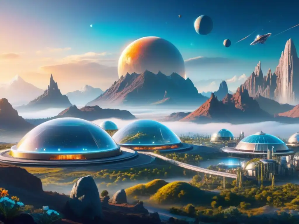 Colonia espacial futurista con cúpulas de vidrio y robots entre montañas alienígenas