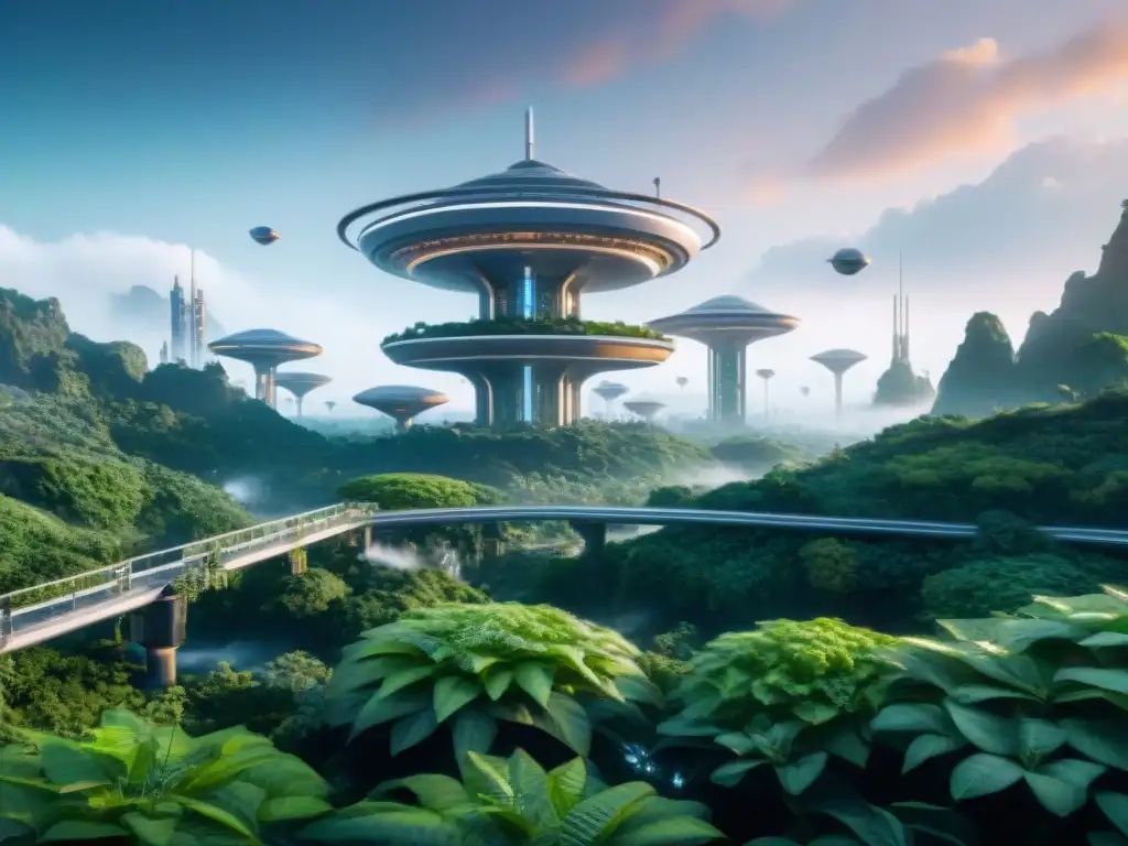 Una colonia espacial futurista con estructuras metálicas y vegetación, habitantes diversos y drones de vigilancia