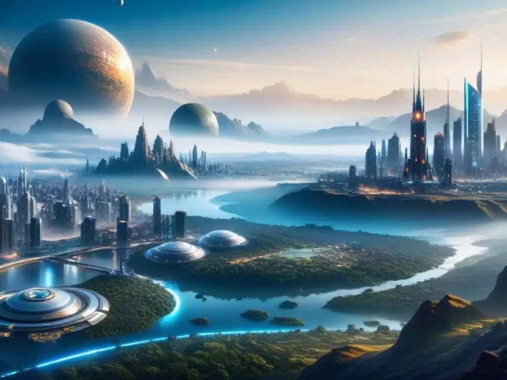 Una colonia espacial futurista con tecnologías clave colonización espacial, metrópolis avanzada y paisaje alienígena bajo un cielo estrellado