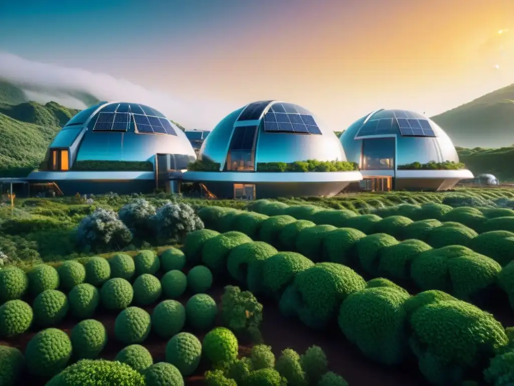 Colonia espacial sostenible con biodomos, paneles solares y robots trabajando en armonía