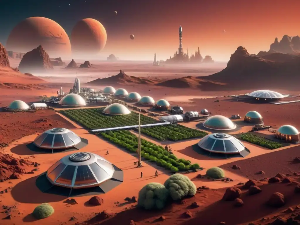 Una colonia marciana futurista, con habitantes en trajes espaciales realizando diversas actividades